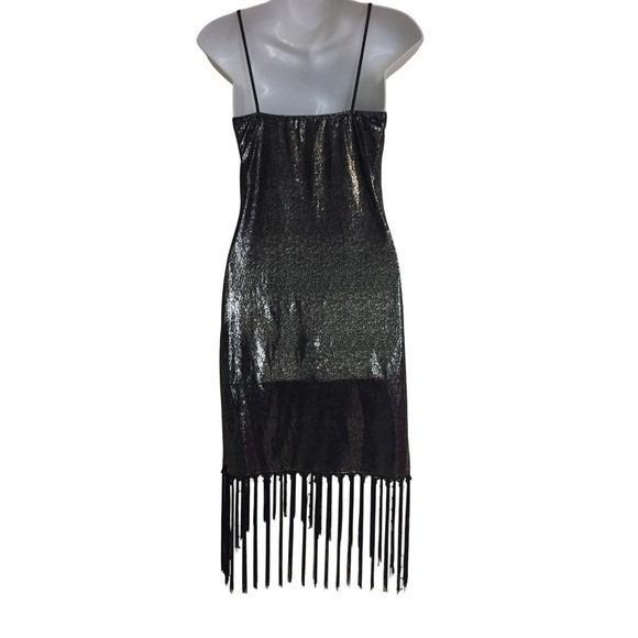SMALL Sparkling Metallic Fringe Mini Dress Spaghetti Strap VNeck Party Night Out - Picture 8 of 13